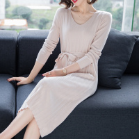 秋冬中长款圆领韩版百搭纯色宽松显瘦弹力长袖套头休闲时尚针织衫腰间系带chic女装内搭上衣