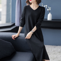 纯色竖纹编织下摆开叉秋冬V领套头长袖休闲简约长款针织连衣裙