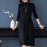 早秋纯色弹力长袖百搭圆领宽松显瘦chic轻熟针织衫拼接长款百褶裙优雅女装打底