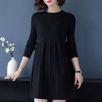 高级斜纹百褶编织秋冬中长款圆领韩版套头长袖直筒宽松时尚针织连衣裙