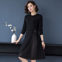 韩版时尚纯色圆领个性拼接网纱气质优雅女款连衣裙