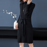 秋冬长款半高领韩版百搭纯色弹力修身显瘦长袖套头优雅时尚腰间系带针织衫打底衫连衣裙chic女装内搭
