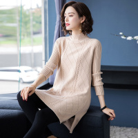 麻花斜纹编织弹力袖管插肩袖秋冬中长款半高领韩版套头长袖直筒修身休闲时尚通勤针织连衣裙