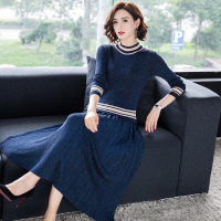 春秋款时尚气质撞色条纹弹力修身套头长袖女装打底衫针织衫上衣+宽松褶皱A版条纹针织半身裙两件套套装