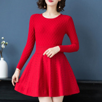 优雅立体菱形编织波点伞裙秋冬韩版轻熟风套头圆领长袖修身时尚短款针织连衣裙