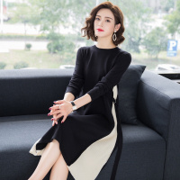 侧面撞色拼接系带设计秋冬长款长袖圆领原宿风套头百搭直筒宽松修身显瘦个性时尚针织连衣裙