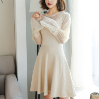 韩版时尚蕾丝圆领喇叭袖A字裙透气优雅女款连衣裙