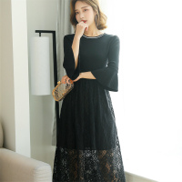 优雅圆领条纹蕾丝喇叭袖绣花收腰女款连衣裙