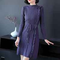 优雅拼接木耳边弹力春季中长款韩版套头针织连衣裙