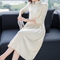 早秋纯色弹力针织衫长款百褶裙优雅