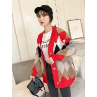 时尚经典休闲原宿风撞色单排扣宽松女款针织衫开衫