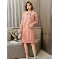 韩版淑女范系带领钉珠纯色女款两件套连衣裙