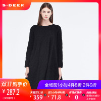 sdeer圣迪奥女装复古做旧套头圆领宽松毛呢连衣长裙S17481225