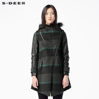 sdeer圣迪奥2018冬装PU拼接连帽毛呢大衣女