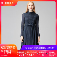 sdeer圣迪奥2018秋装流苏高腰绣花亚麻桑蚕丝长袖连衣裙