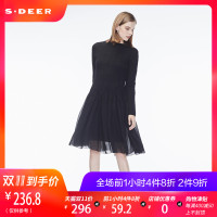 sdeer圣迪奥复古优雅雪纺拼接腰部褶皱羊毛连衣裙S17381287