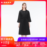 sdeer圣迪奥简约纯黑翻边半开襟圆领抽绳七分袖连衣裙
