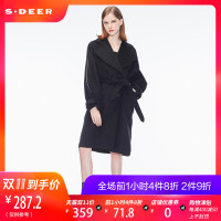 sdeer圣迪奥冬装双排扣白边拼接腰带羊毛毛呢大衣女