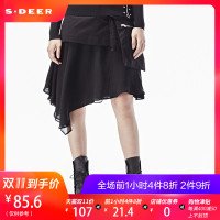 sdeer圣迪奥秋冬装酷黑雪纺拼接不规则大口袋半身短裙女