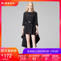 sdeer圣迪奥秋装前短后长大摆波浪中袖圆领连衣裙女装