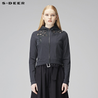 sdeer圣迪奥女2018秋装朦胧视觉美感热切镂空连帽短外套