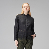 sdeer圣迪奥2018秋装抽象镂空流苏黑透气亚麻衬衫女装S17380564
