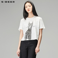 sdeer圣迪奥2018秋装俏皮动物印花套头圆领短袖T恤