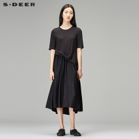 sdeer圣迪奥2018秋装简约休闲圆领中袖拼接文艺连衣裙女