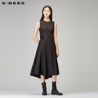 sdeer圣迪奥2018秋装气质无袖圆领高腰A版长裙连衣裙女S18181203