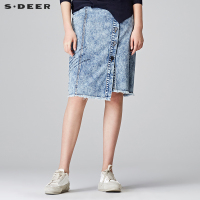 sdeer圣迪奥2018秋装复古毛边字母刺绣A版牛仔半身裙