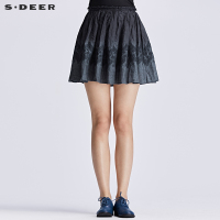 sdeer圣迪奥2018秋装蓝渐变绣花亚麻短裙半身裙A字裙