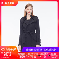 sdeer圣迪奥2018秋装女纯黑贴袋翻领束腰长款风衣外套