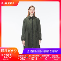 sdeer圣迪奥女休闲直筒中长款翻领腰部抽绳系带纯色外套
