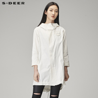 sdeer圣迪奥2018秋装潮纯色宽松连帽刺绣抽绳风衣外套女