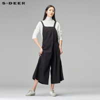 sdeer圣迪奥2018秋装学院风简约纯色棉麻背带阔腿裤女