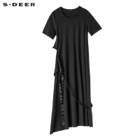 sdeer圣迪奥2018秋装女装设计感飘带长裙镂空短袖连衣裙