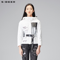 sdeer圣迪奥女装唯美素白印花装饰休闲连帽短款外套