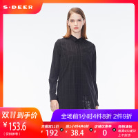 sdeer圣迪奥女装休闲圆弧错摆百搭长袖格子中长款衬衫潮