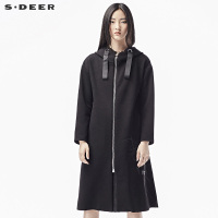 sdeer圣迪奥2018秋装酷黑拼接涂鸦印花连帽飘带风衣外套S17381842