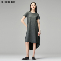 sdeer圣迪奥2018秋装简约圆领短袖A字前短后长连衣裙S18181222
