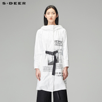 sdeer圣迪奥2018秋装字母印花帅气连帽收腰长款风衣外套