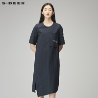 sdeer 圣迪奥2018秋装休闲套头圆领字母开叉中袖连衣裙