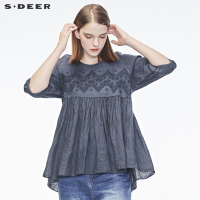 sdeer圣迪奥衬衫女秋解构宽松款高腰绣花时尚打底上衣潮