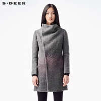 sdeer圣迪奥2018冬装内敛灰立领绣花毛呢大衣外套女