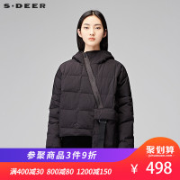 sdeer圣迪奥女2018冬装连帽飘带不规则短款保暖羽绒服