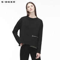 sdeer圣迪奥2018冬装收褶造型口袋拉链落肩圆领T恤S18460207