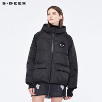sdeer圣迪奥2018冬装新款绣花贴袋落肩宽松中长羽绒服女S18462402