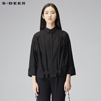 sdeer圣迪奥2018冬装方领飘带线条搭袢短款蝙蝠袖衬衫女