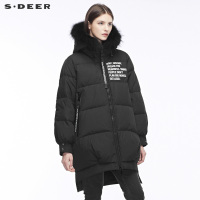 sdeer圣迪奥2018冬装新款茧型飘带防风毛领连帽羽绒服女