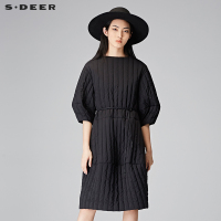 sdeer圣迪奥2018冬装气质淑女条纹茧型薄款羽绒服连衣裙